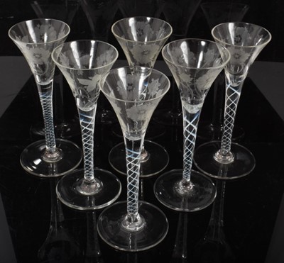 Lot 113 - Good set of six 18th century style engraved glasses with opaque twist stems