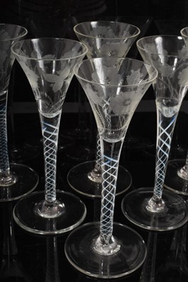 Lot 113 - Good set of six 18th century style engraved glasses with opaque twist stems