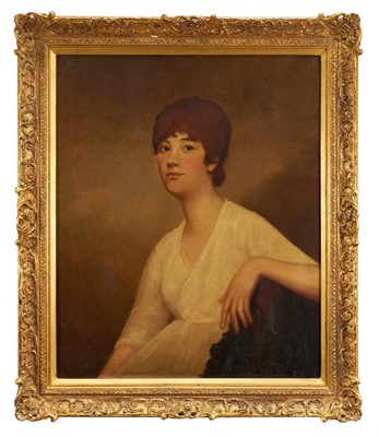 Lot 1309 - English School, Regency oil on canvas, half length portrait of a girl in white dress, 78cm x 64cm, in gilt frame