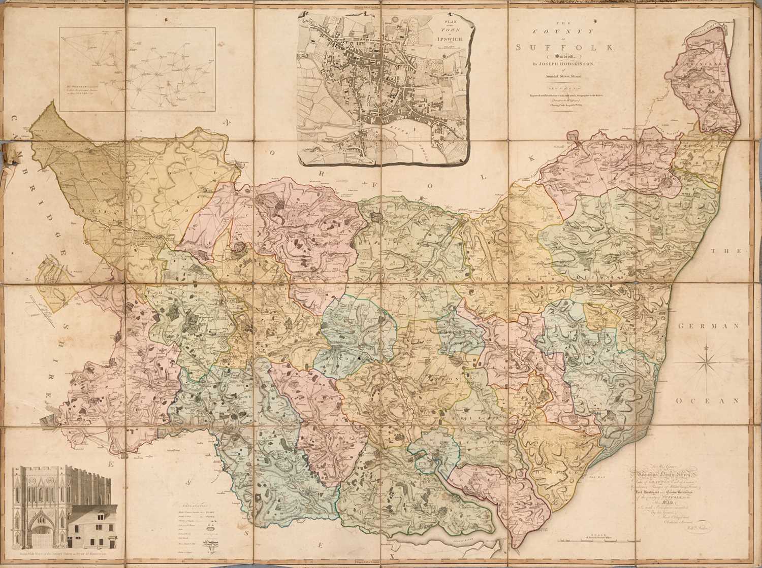 Lot 891 - Rare and large 18th century linen backed handcoloured map of Suffolk by Joseph Hodskinson