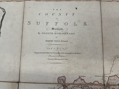 Lot 891 - Rare and large 18th century linen backed handcoloured map of Suffolk by Joseph Hodskinson