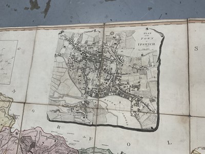 Lot 891 - Rare and large 18th century linen backed handcoloured map of Suffolk by Joseph Hodskinson