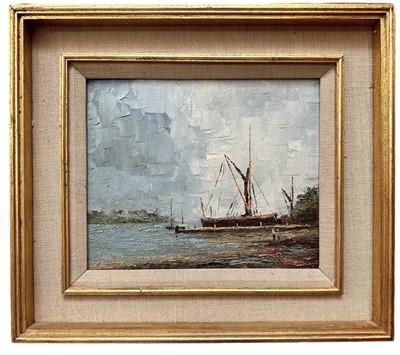 Lot 948 - *Major General Cosmo Nevill (1907-2002) oil on board - Barge at Pin Mill, signed, titled verso, 25.5cm x 30.5cm, in gilt frame