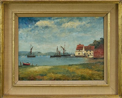 Lot 949 - *Major General Cosmo Nevill (1907-2002) oil on board - Barges at Pin Mill, signed and dated '78, 30.5cm x 40.5cm, in gilt frame