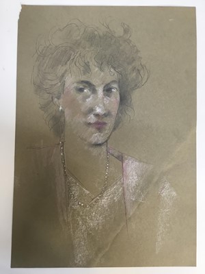 Lot 278 - Peter Collins mixed media on paper - Portrait of a young woman, possibly Elisabeth Frink, 45cm x 31cm unframed