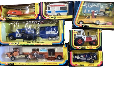 Lot 78 - Diecast Corgi boxed selection to include RCMP Mounted Police Set 45, Horse Transporter No.115, Mazda Motorway Maintenance Truck No.413, Touring Caravan No.490, David Brown Tractor No.1412, Elf T...