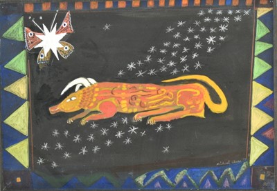 Lot 966 - Michael Chase (1915-2001) watercolour and pencil, Butterfly Star watching the Dragon on the Milky Way, signed and dated, 28cm x 40cm, framed and glazed.