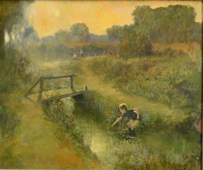 Lot 1042 - Norman R Coker (1927-2020) oil on board - Child in a Stream, signed, 50cm x 60cm, framed