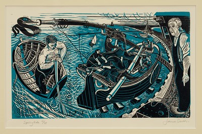 Lot 1051 - *James Dodds (b.1957) signed limited edition linocut - Springtide, 61/75, inscribed in pencil, 32cm x 49cm, in glazed frame