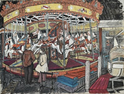 Lot 1090 - *Dione Page (1936-2021) pencil and pastel - The Carosel, inscribed, signed and dated '84, unframed, 60cm x 80cm