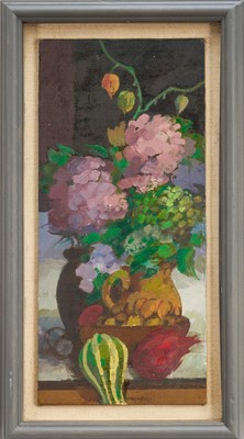 Lot 1057 - *Henry Collins (1910-1994) oil on canvas board - Still life of Fruit, Vegetables and Flowers, signed, 58cm x 27cm, in painted frame