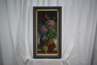 Lot 1057 - *Henry Collins (1910-1994) oil on canvas board - Still life of Fruit, Vegetables and Flowers, signed, 58cm x 27cm, in painted frame