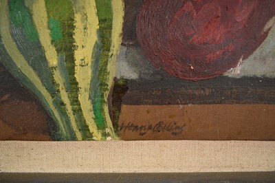 Lot 1057 - *Henry Collins (1910-1994) oil on canvas board - Still life of Fruit, Vegetables and Flowers, signed, 58cm x 27cm, in painted frame