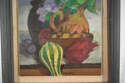 Lot 1057 - *Henry Collins (1910-1994) oil on canvas board - Still life of Fruit, Vegetables and Flowers, signed, 58cm x 27cm, in painted frame