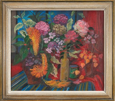 Lot 1058 - *Henry Collins (1910-1994) oil on canvas - 'Flowers in August', signed, titled and inscribed verso, dated 1989, 66cm x 77cm, in painted frame