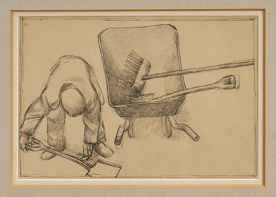 Lot 1061 - *Roderick Barrett (1920-2000) pencil drawing - 'Man and Wheelbarrow', initialled, 21cm x 31cm, in glazed frame