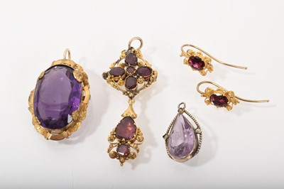 Lot 535 - Pair of Georgian garnet earrings and similar pendant with flat cut garnets in foil backed gold setting and cannetille decoration, Victorian amethyst pendant and one other pendant