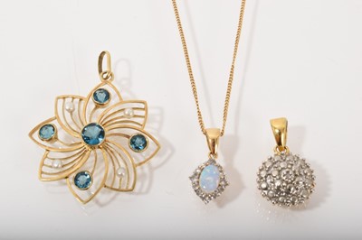 Lot 541 - Edwardian 15ct gold blue stone and seed pearl star shaped pendant, opal and diamond cluster pendant in 18ct gold setting on 9ct gold chain and a diamond illusion set pendant