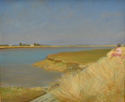 Lot 1023 - Fid Harnack (1897-1984) two oils on board - Sea Wall, West Mersea and The Lane to the Marsh, 48cm x 58cm and 49cm x 59cm, both framed