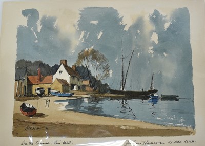 Lot 1016 - *Edward Wesson (1910-1983) ink and watercolour - On the Orwell, Pin Mill, signed and titled, 25.5cm x 35.5cm, unframed