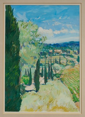 Lot 1019 - Anthony Atkinson (1929-2014) gouache - 'Road below Souzette, 1998', signed, 43cm x 31cm, in glazed gilt frame Provenance: Highgate Fine Art, London