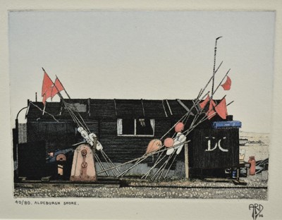 Lot 1022 - Anthony Dawson, contemporary, signed limited edition hand coloured etching - Aldeburgh Shore, 40/80, dated '96, 11.5cm x 14.5cm, in glazed frame