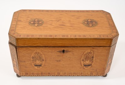 Lot 680 - Good quality George III Sheraton influence marquetry inlaid satinwood tea caddy