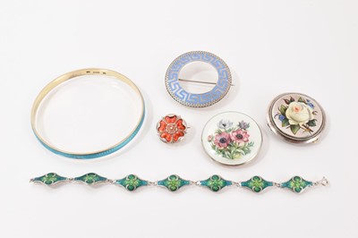 Lot 62 - Four silver/white metal brooches all with enamel decoration, silver and blue enamel bangle and an Art Nouveau style white metal and enamel panel bracelet (6 items)