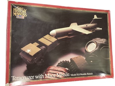 Lot 84 - Heller 1:400 Scale Bismarck Cuirasses model kit, boxed (poor) No.1036, Revell 1:32 Scale The History Makers Teracruzer with Mace Missile, boxed No.8628 & Revell 1:32 scale Curtiss P-40E Flyi...
