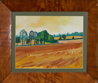 Lot 1054 - Helen Dougall (b.1943) watercolour - Suffolk Landscape, signed, 33.5cm x 43cm, in walnut veneered frame Provenance: the collection of the late Lord Phillips of Sudbury (1939-2023)