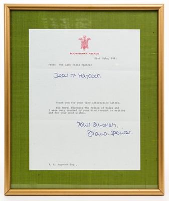 Lot 43 - Lady Diana Spencer signed and inscribed letter, dated 21st July 1981, in glazed frame (8 days before wedding)