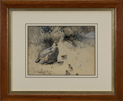 Lot 1100 - Frank Southgate (1872-1916) watercolour and bodycolour - English Patridges, 'The Storm', signed, titled verso, 21cm x 29cm, in glazed oak frame