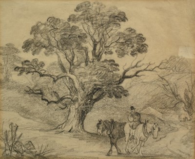 Lot 1101 - George Frost (1754-1821) pencil and chalk - Horsemen beside an Oak, 17cm x 21cm, in glazed frame, inscribed verso 'From an album belonging to Thomas Green and later the artist Thomas Smythe'