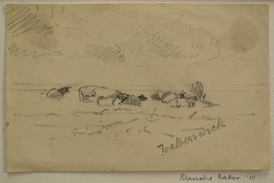 Lot 1102 - Blanche Baker (1844-1929) pencil drawing - Cattle at Walberswick, signed, dated '01 and inscribed, 10cm x 15.5cm, in glazed frame