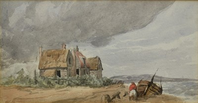 Lot 1109 - East Anglian School, mid 19th century, three ink and watercolours - Great Yarmouth Beach, 12cm x 23cm, in glazed gilt frames