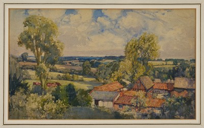 Lot 1110 - George Robert Rushton (1869-1947) watercolour - Belstead Hall Farm, signed, 28cm x 46cm, in glazed gilt frame. Provenance: Enid Hendry Collection, the artists daughter. Peter Goodwin Coll...