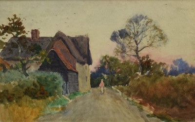 Lot 1111 - Henry John Sylvester Stannard (1870-1951) watercolour - Figure before a thatched house, 24cm x 38cm, in glazed gilt frame Provenance: Abbott & Holder, The W. Stannard Estate Sale, 2n...