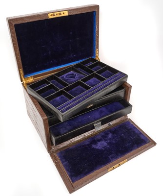 Lot 567 - Victorian painted brown crocodile leather jewellery box with blue velvet lined fitted interior