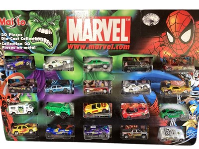 Lot 105 - Maisto Marvel diecast 20 piece No.12284-3 & No.12284-4, on display cards, plus Marvel Super Heroes Collector's Edition including Captain America, Spider-Man, Hulk & Wolverine, in present...