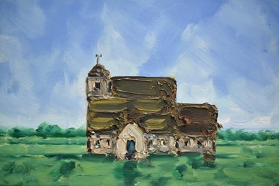 Lot 1363 - Greig Burgoyne (b.1968) oil on canvas - Church of St Thomas Becket, Fairfield, Romney Marsh, 2004, signed verso, 30cm x 40cm, framed