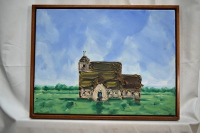 Lot 1363 - Greig Burgoyne (b.1968) oil on canvas - Church of St Thomas Becket, Fairfield, Romney Marsh, 2004, signed verso, 30cm x 40cm, framed