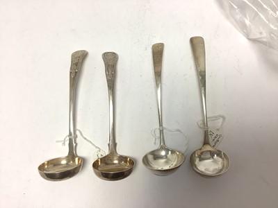 Lot 329 - Four Scottish silver sauce ladles to include a pair of shell pattern ladles, (Edinburgh 1836), approximately 4oz