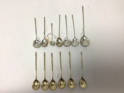 Lot 330 - Collection of 19th century Russian silver spoons to include a set of six silver gilt tea/coffee spoons with engraved bowls, and seven others (13)