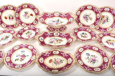 Lot 119 - 19th century Spode dessert service, painted and moulded with floral patterns on a puce and gilt ground, comprising 12 plates, 4 dishes and a centrepiece