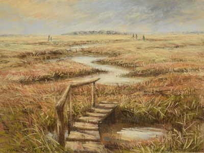 Lot 1076 - Lynette Singers, (Contemporary), pastel - 'Walk to Ray Island, Mersea', signed, 25cm x 33cm, in glazed frame