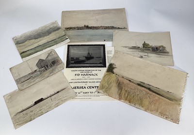 Lot 1087 - Fid Harnack (1897-1984) six watercolours - Mersea Views, 1960s, unframed, largest 25cm x 37cm, smallest 14cm x 23cm (6)