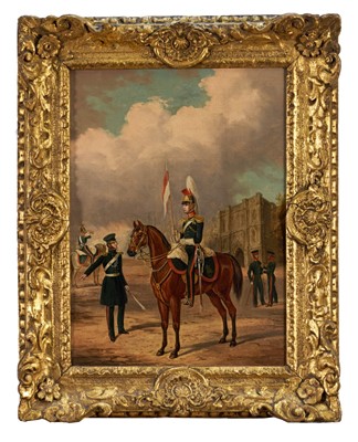 Lot 1122 - Attributed to Henry Martens (c.1790-1868) oil on canvas - Suffolk Yeomanry Cavalry, inscribed and dated 1845, 36cm x 25.5cm, in good gilt frame, together with a 19th century hand coloured engravin...