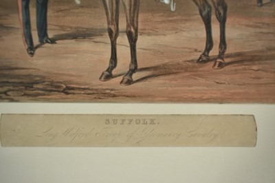 Lot 1122 - Attributed to Henry Martens (c.1790-1868) oil on canvas - Suffolk Yeomanry Cavalry, inscribed and dated 1845, 36cm x 25.5cm, in good gilt frame, together with a 19th century hand coloured engravin...