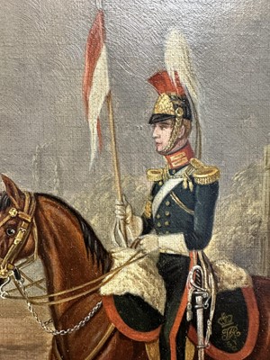 Lot 1122 - Attributed to Henry Martens (c.1790-1868) oil on canvas - Suffolk Yeomanry Cavalry, inscribed and dated 1845, 36cm x 25.5cm, in good gilt frame, together with a 19th century hand coloured engravin...