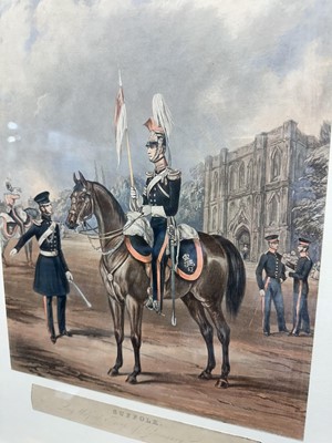 Lot 1122 - Attributed to Henry Martens (c.1790-1868) oil on canvas - Suffolk Yeomanry Cavalry, inscribed and dated 1845, 36cm x 25.5cm, in good gilt frame, together with a 19th century hand coloured engravin...